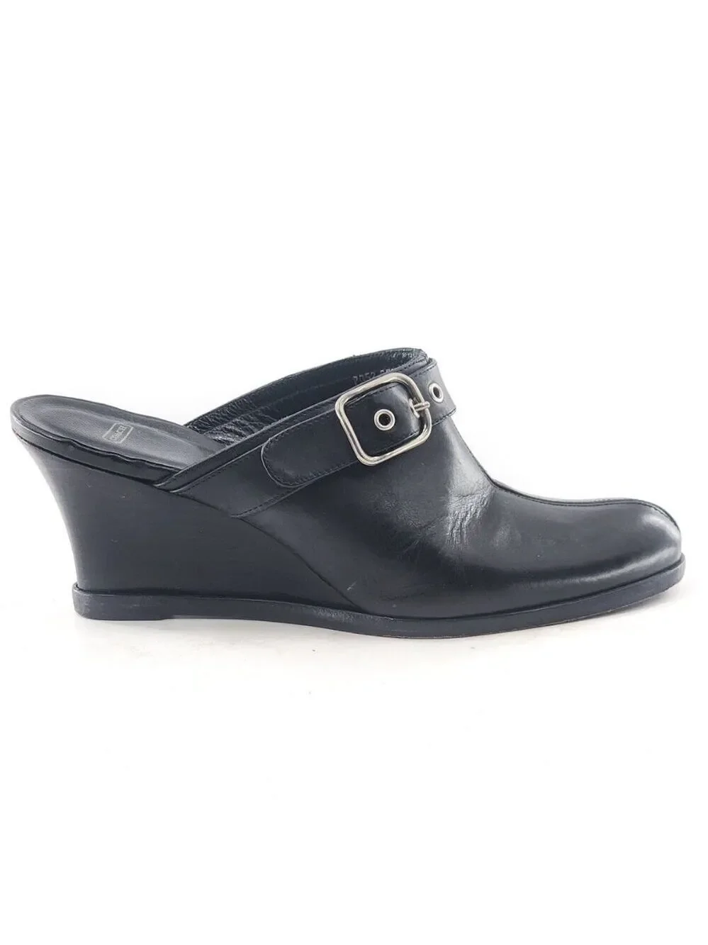 COACH Bethany Black Leather Buckle‎ Detail Wedge Heel Mules